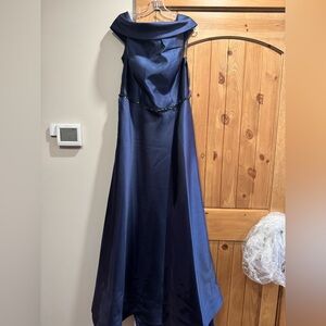 Christina Wu Navy Off-Shoulder Satin Evening Gown with Beaded Waist
